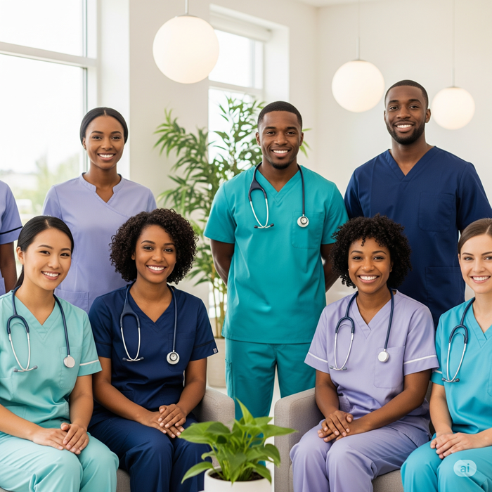 A diverse group of smiling healthcare professionals.