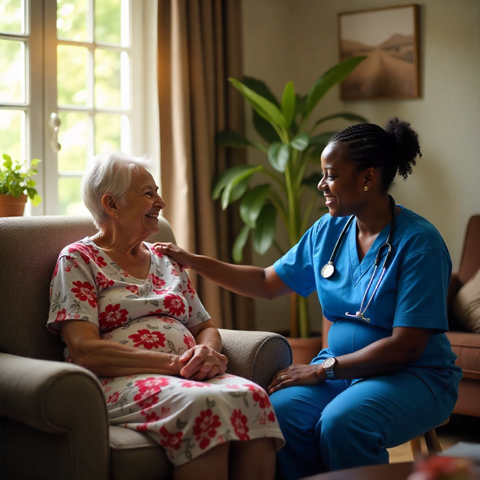 A caregiver and resident sharing a happy moment in a retirement home.