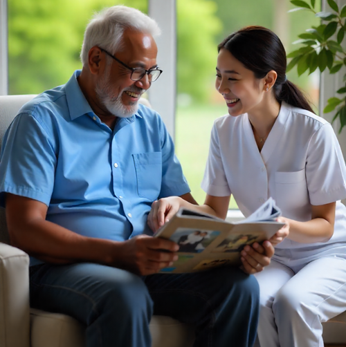 A caring healthcare professional assisting an elderly person at home.